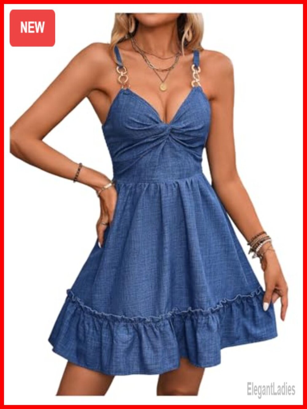 Women's Twist V Neck Denim Mini Dress Sleeveless High Waist Ruffle Trim